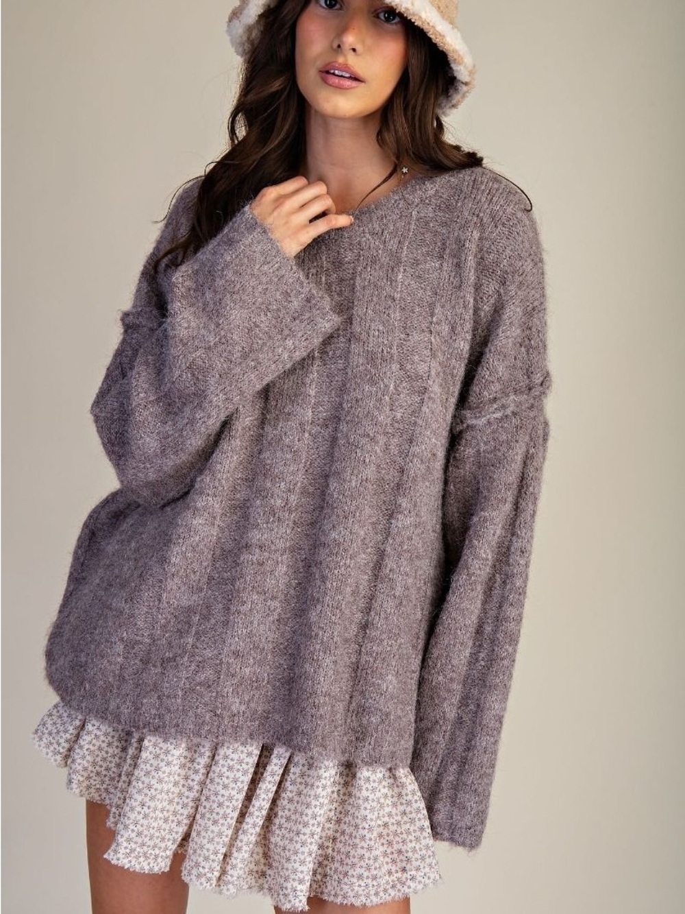 48.Easel OVERSIZED LONG SLEEVE FUZZ KNITTED SWEATER taupe brown mocha - Picture 4 of 6